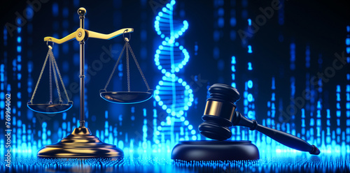 Golden scales of justice and a gavel with a digital DNA sequence backdrop symbolizing biolaw.