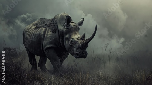 Powerful Rhino in an Ethereal Landscape - A powerful portrayal of a rhinoceros roaming the ethereal landscape with dramatic lighting and mood