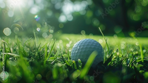 Precision at play! Close-up of golf club and ball in lush grass, epitomizing focus and skill on the serene course.