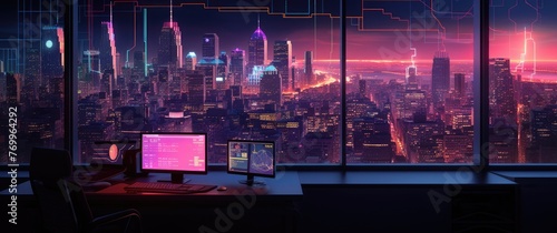 an image of a stock trading desk and pen, in the style of neon-infused digitalism, pixelated abstraction, dark magenta and light indigo, soft edges and atmospheric effects, human connections, 