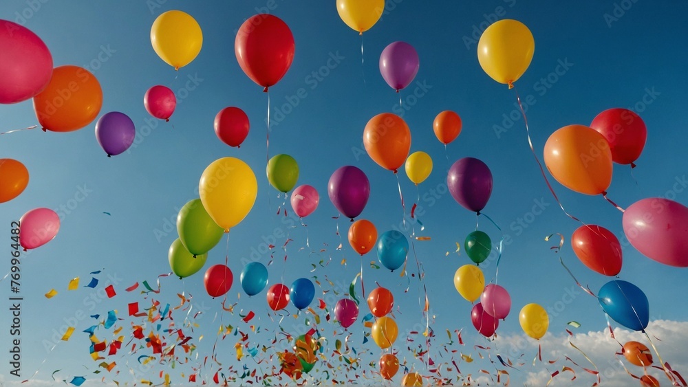 A group of colorful balloons floating in the air.