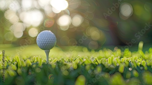 Close-up reveals golf ball on tee against green bokeh, inviting players into a picturesque world of golfing bliss.