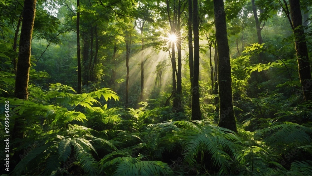 A lush green forest with sunlight filtering through the leaves