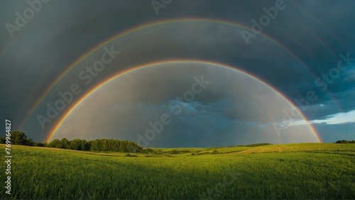 A colorful rainbow stretching across a lush green field.
