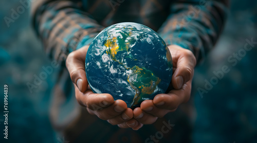 Man's hands holding Earth. Earth Day design concept with copy space