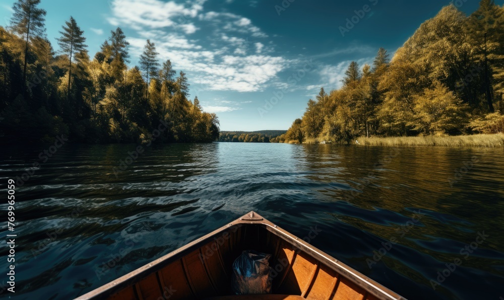 Small wooden boat on the surface in the middle of the beautiful lake in amazing  landscape