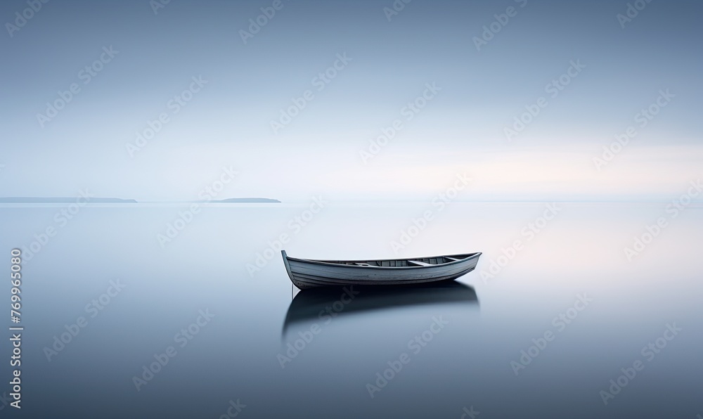 Solitary boat on great foggy lake, long exposure. Solitary boat on great foggy lake, long exposure.