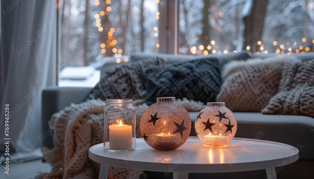 A photo of an elegant and cozy living room with a grey sofa, white coffee table adorned with glass baubles filled with glowing glitter stars