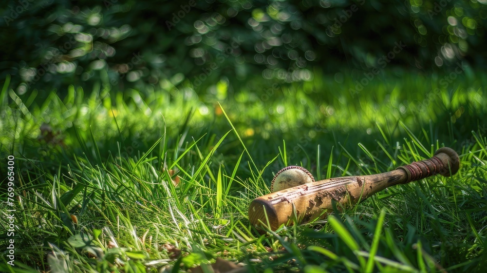 Obraz premium Baseball bat, glove, and ball rest on lush green grass, inviting sporty adventures and tales of victory.