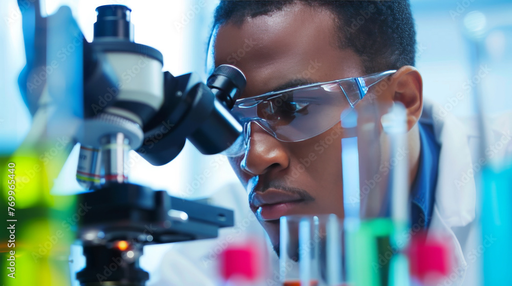 Focused Scientist Using Microscope in Laboratory Setting Focused Scientist Using Microscope in Laboratory Setting