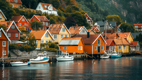 Charming coastal village. Colorful houses and picturesque harbor create an attractive background for content.