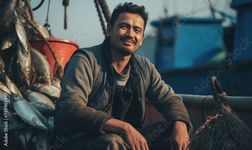 Happy asian fisherman with a lot of fishes on a fishing boat photo