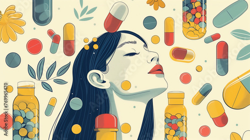 A illustration of woman with medicine and dietary supplements and vitamins into their daily routine, showcasing a commitment to preventative health care. Healthy wellness concept. photo