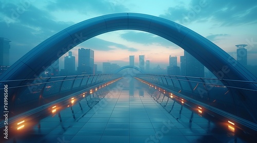 Metal futuristic bridge with arches, lighting and a view of the metropolis