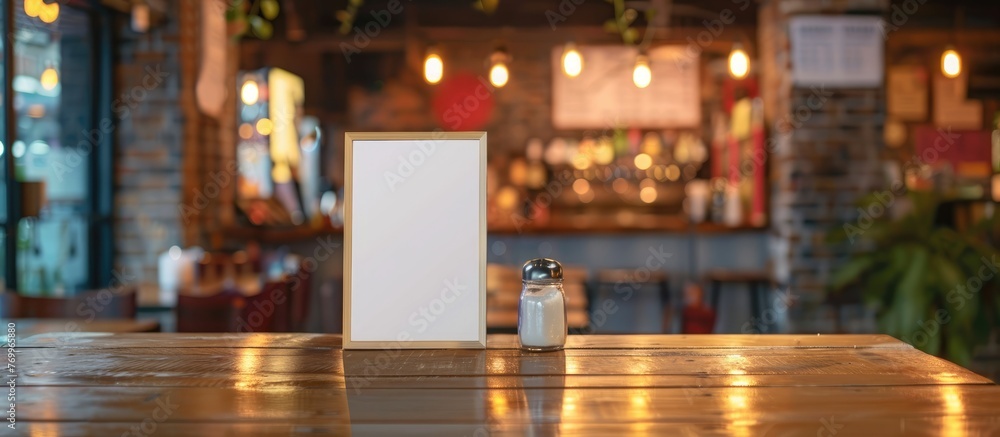 Menu frame displayed on a wooden table at a bar, restaurant, or cafe, with room for text. Menu frame displayed on a wooden table at a bar, restaurant, or cafe, with room for text.