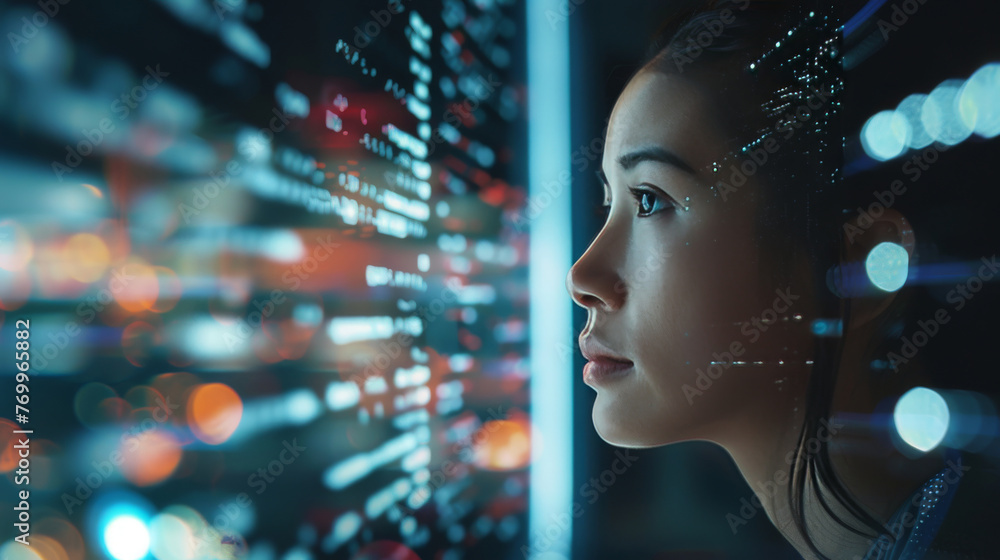 Profile of a Woman with Data Code Projection on Face Against a Bokeh Light Background Profile of a Woman with Data Code Projection on Face Against a Bokeh Light Background