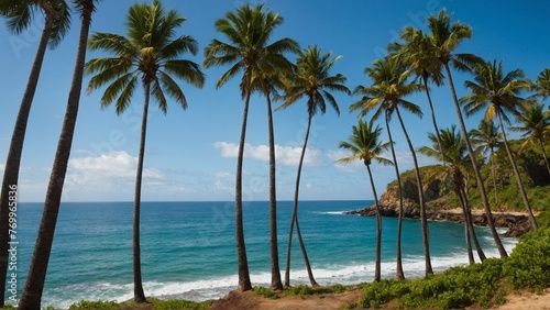 An ocean view with palm trees swaying.
