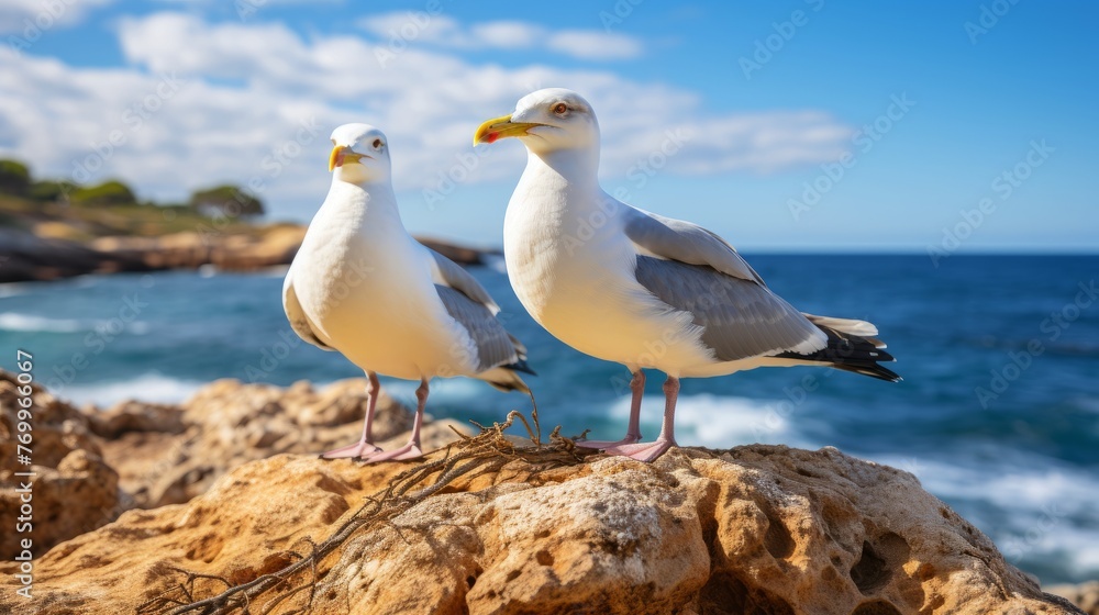 Two Seagulls Standing on a Rock by the Ocean Two Seagulls Standing on a Rock by the Ocean