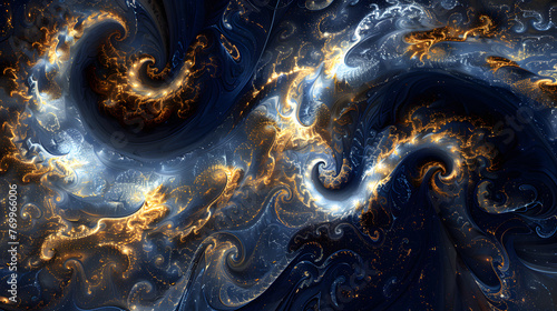 An artistic computergenerated image of a swirling pattern in electric blue and gold, resembling an astronomical object in outer space, evoking a sense of mystery and beauty © Oleksandra