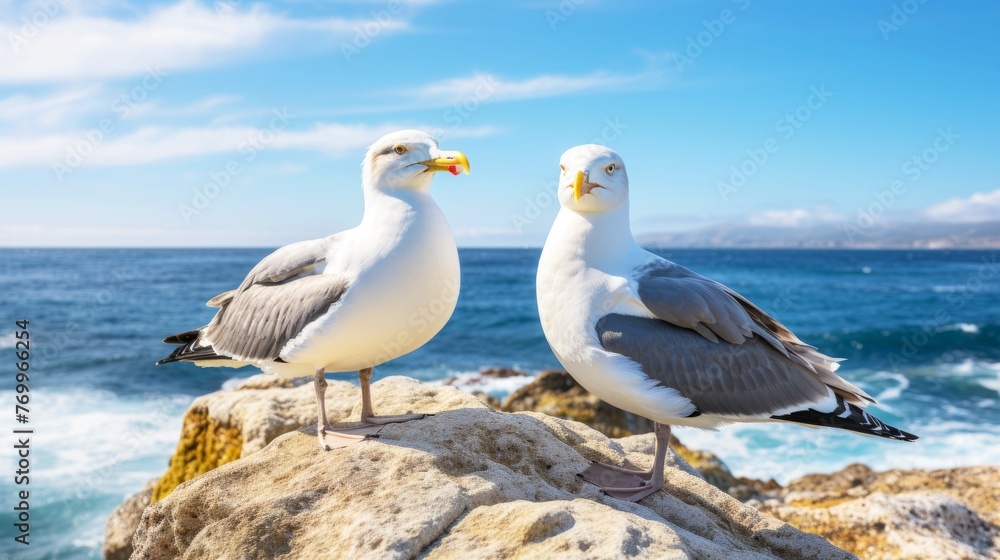 Two Seagulls Perched on Rock by Ocean