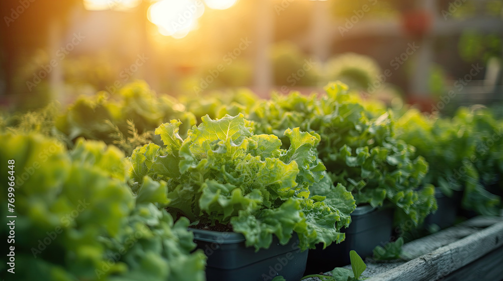 Fresh Lettuce Plants Bathed in Sunset Light in Garden