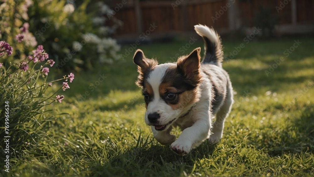 A playful puppy chasing its tail in the garden