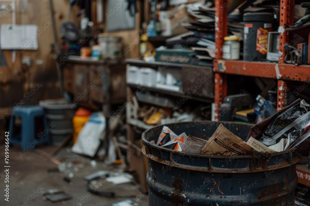 A messy workshop with a black barrel full of trash