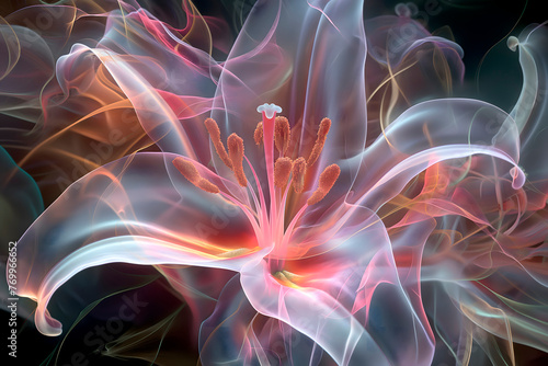 modern background  shining lily flower with transparent petals  with unearthly radiance delicate pink scale close-up  graphic concept web design flower shops flower exhibitions