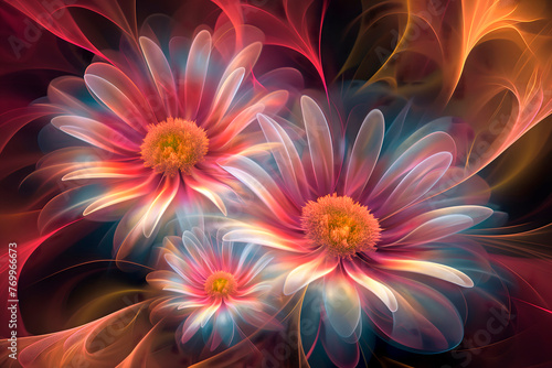 modern background, shining daisy flower with transparent petals, with unearthly radiance, neon colors,close-up, graphic concept,web design,flower shops,flower exhibitions
