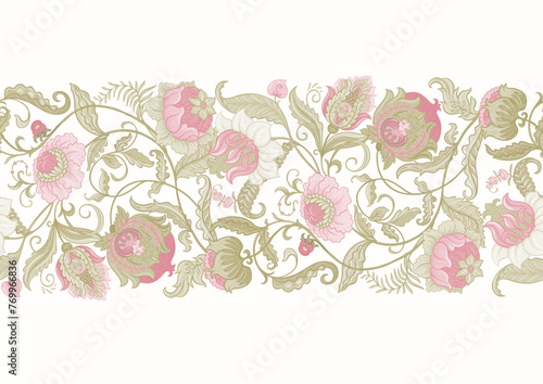Fantasy flowers in retro, vintage, jacobean embroidery style. Seamless pattern, background. Vector illustration. © Elen  Lane