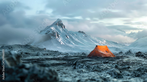Orange Tent Set Up in a Dramatic Mountain Landscape