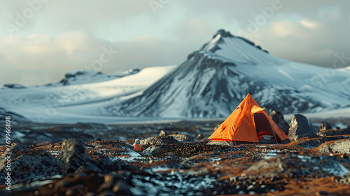 Orange Tent Set Up in a Dramatic Mountain Landscape © aznur