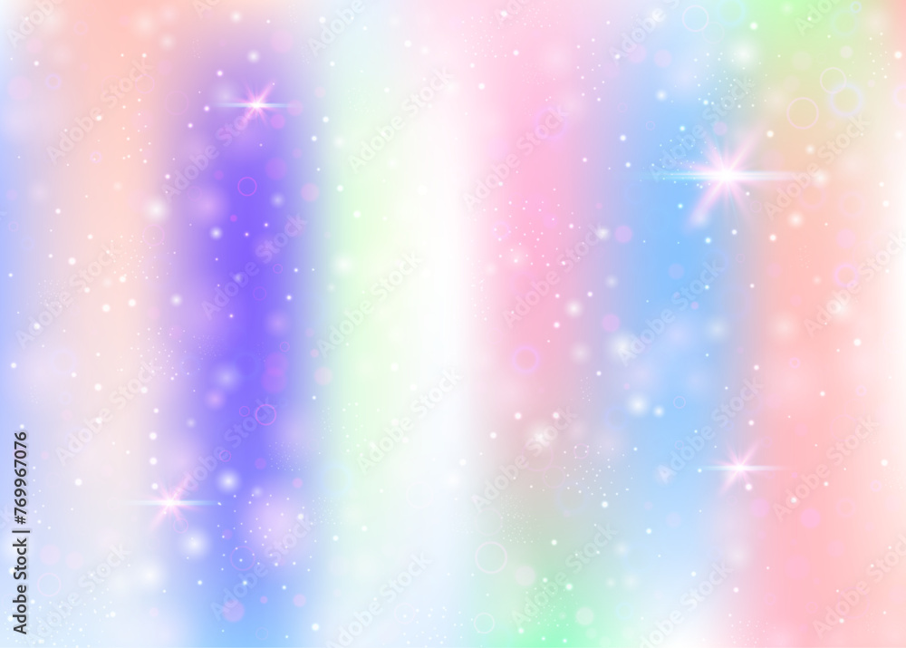 Hologram background with rainbow mesh. Trendy universe banner in princess colors. Fantasy gradient backdrop. Hologram unicorn background with fairy sparkles, stars and blurs.