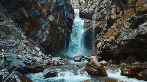 A 4K HDR image capturing the dynamic movement of a waterfall  framed by a rocky canyon.