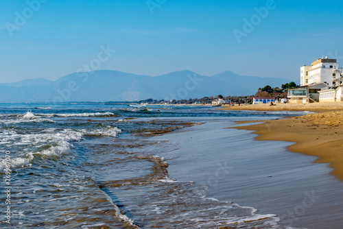 View on sandy beach and sea water in medieval small touristic coastal town Sperlonga and sea shore  Latina  Italy