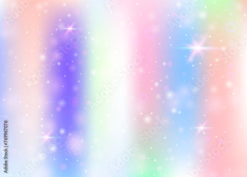 Hologram background with rainbow mesh. Trendy universe banner in princess colors. Fantasy gradient backdrop. Hologram unicorn background with fairy sparkles, stars and blurs.