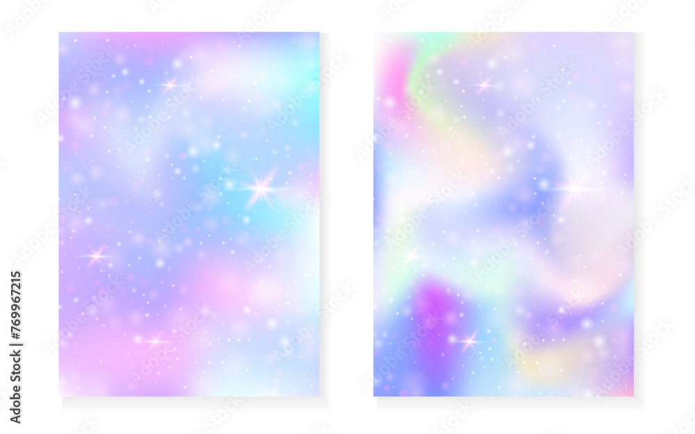 Princess background with kawaii rainbow gradient. Magic unicorn hologram. Holographic fairy set. Spectrum fantasy cover. Princess background with sparkles and stars for cute girl party invitation. Princess background with kawaii rainbow gradient. Magic unicorn hologram. Holographic fairy set. Spectrum fantasy cover. Princess background with sparkles and stars for cute girl party invitation.