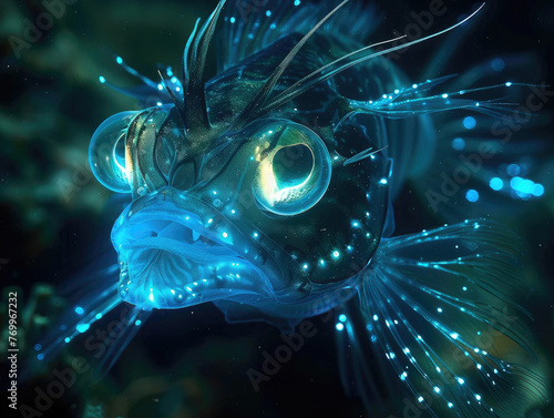 Bioluminescent Beauty: Deep-Sea Anglerfish with Luminous Lure - Mysterious Deep-Sea Encounter - Encounter "Bioluminescent Beauty" with a deep-sea 