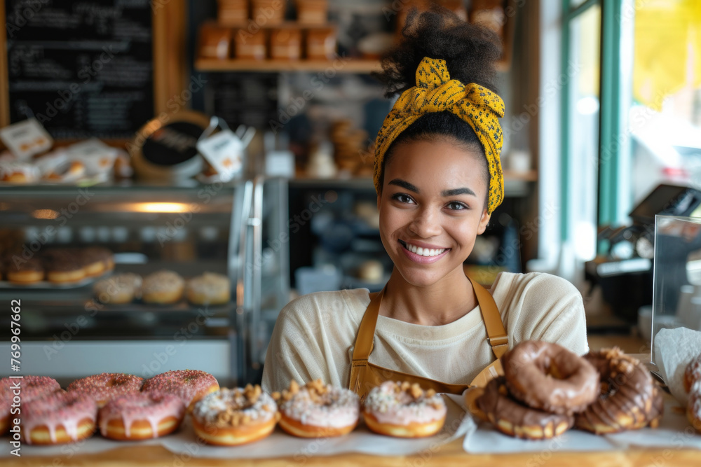 A smiling woman poses in front of a display of donuts. Concept of happiness and enjoyment, as the woman is excited about the variety of donuts available. The scene suggests a fun