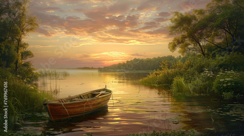 Serene Sunrise Over a Misty River with a Small Boat