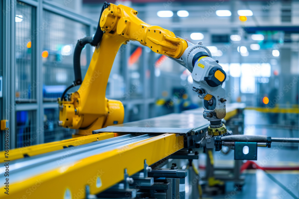 A factory with robots working on a conveyor belt. The robots are orange and are working on a line of products A factory with robots working on a conveyor belt. The robots are orange and are working on a line of products
