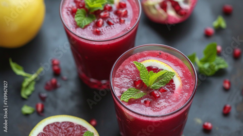 Two glasses of pink juice with mint leaves and a slice of lemon on top