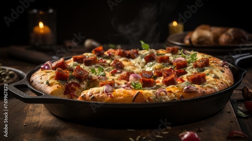 Pizza on Pan on Table