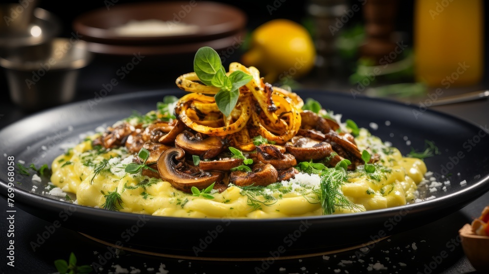 Black Plate With Pasta and Mushrooms Black Plate With Pasta and Mushrooms