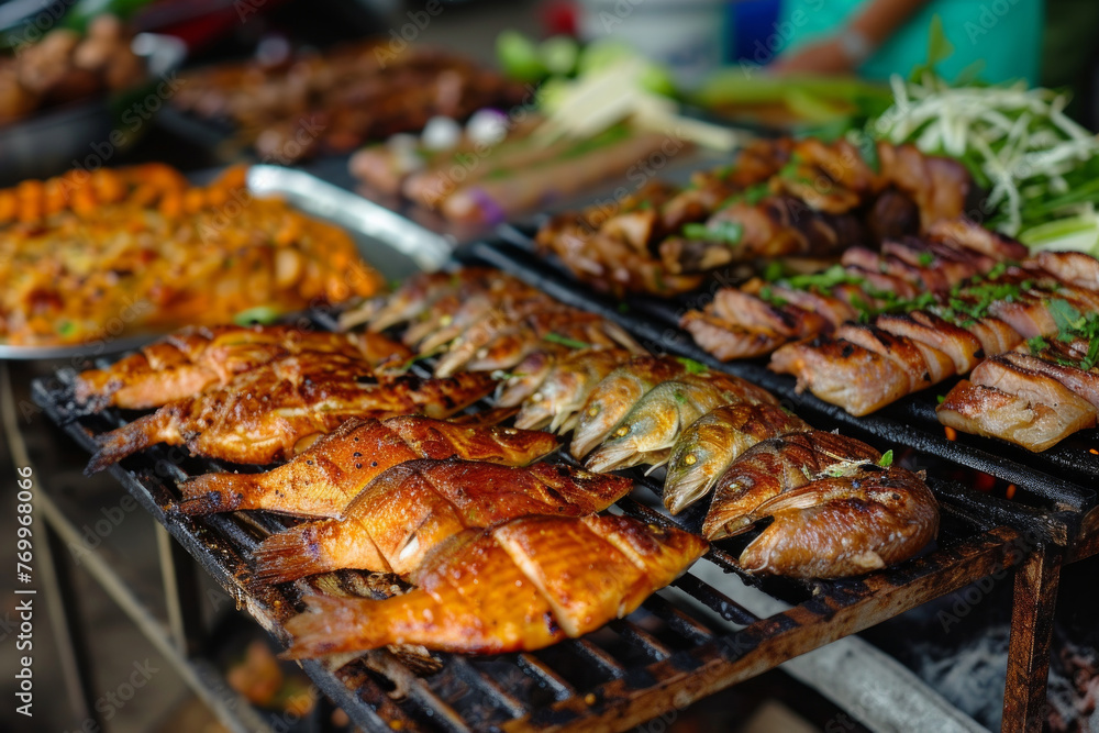 A variety of meats and fish are being cooked on a grill