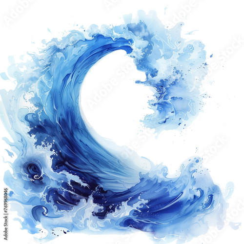 Massive watercolor blue wave with splashes isolated on transparent background. One sea wave created by strong typhoon or gale. Side view. 