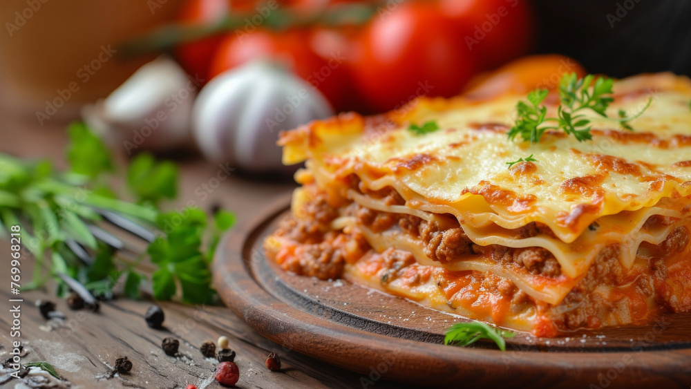 A plate of lasagna with meat and cheese. The lasagna is cut into layers and has a lot of cheese on it A plate of lasagna with meat and cheese. The lasagna is cut into layers and has a lot of cheese on it