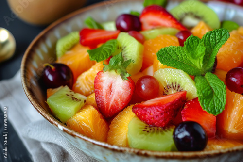 A bowl of fruit salad with blueberries  strawberries  kiwi  and mango. The bowl is on a grey surface