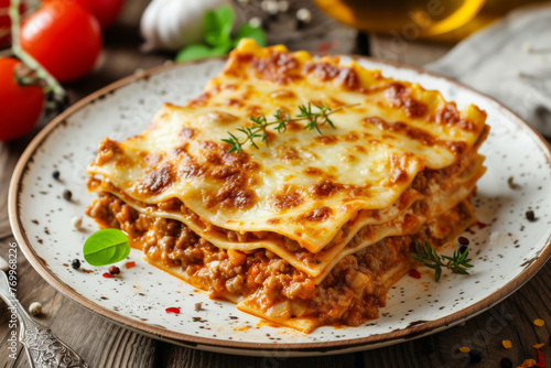 A plate of lasagna with meat and cheese. The lasagna is cut into layers and has a lot of cheese on it