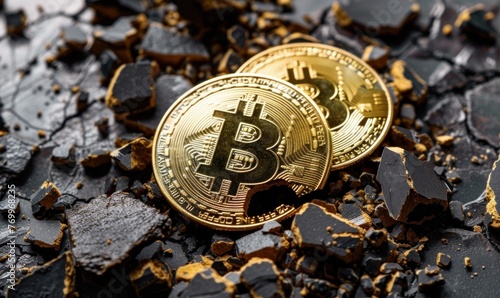 Bitcoin cryptocurrency halving theme. Bit coin in gold shape, banner.